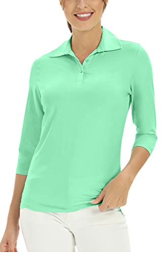 Damen 3/4 Ärmel V-Ausschnitt Golf Shirts Feuchtigkeitstransport Performance Knit Tops Fitness Workout Sport Freizeit Poloshirt, #12222 Glass Blue, Mittel von MOHEEN