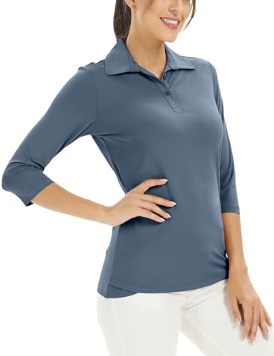 MOHEEN Damen-Poloshirt, LSF 50+, schnelltrocknend, feuchtigkeitsableitend, 3/4-Ärmel, Golf, Sonnenhemd, sportlich, Freizeit, Arbeit, S-2XL, 12222#navy, XX-Large von MOHEEN
