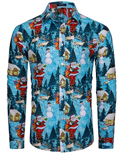 MOHEZ Herren Funky Christmas Print Weihnachtshemd Langarm Button Up Freizeithemd Rentier Santa Schnee Xmas Druck Shirt Blue Small von MOHEZ