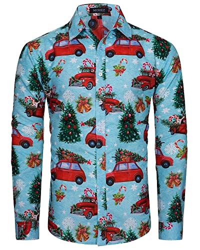 MOHEZ Herren Funky Christmas Print Weihnachtshemd Langarm Button Up Freizeithemd Rentier Santa Schnee Xmas Druck Shirt Blue X-Large von MOHEZ