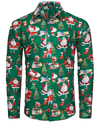 MOHEZ Herren Funky Christmas Print Weihnachtshemd Langarm Button Up Freizeithemd Rentier Santa Schnee Xmas Druck Shirt Green X-Large von MOHEZ