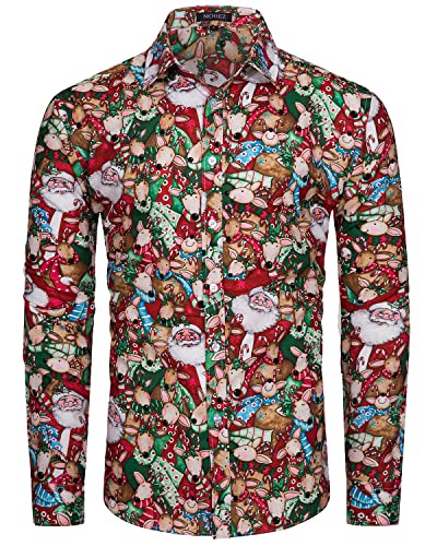MOHEZ Herren Funky Christmas Print Weihnachtshemd Langarm Button Up Freizeithemd Rentier Santa Schnee Xmas Druck Shirt Red 3X-Large von MOHEZ