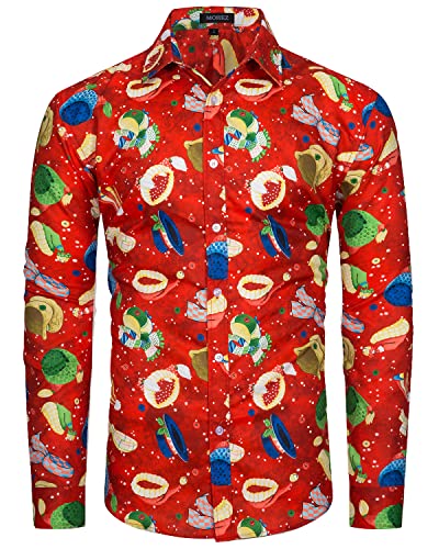 MOHEZ Herren Funky Christmas Print Weihnachtshemd Langarm Button Up Freizeithemd Rentier Santa Schnee Xmas Druck Shirt Red 3X-Large von MOHEZ