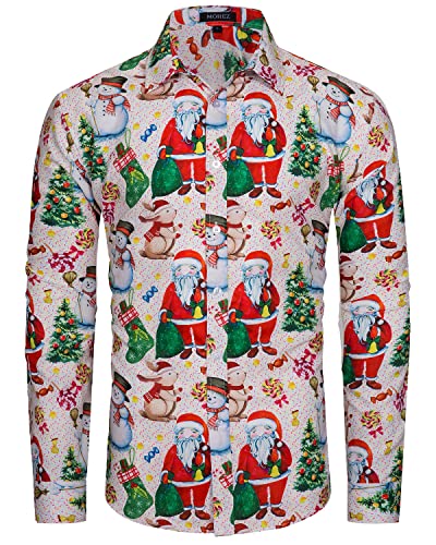 MOHEZ Herren Funky Christmas Print Weihnachtshemd Langarm Button Up Freizeithemd Rentier Santa Schnee Xmas Druck Shirt White Large von MOHEZ