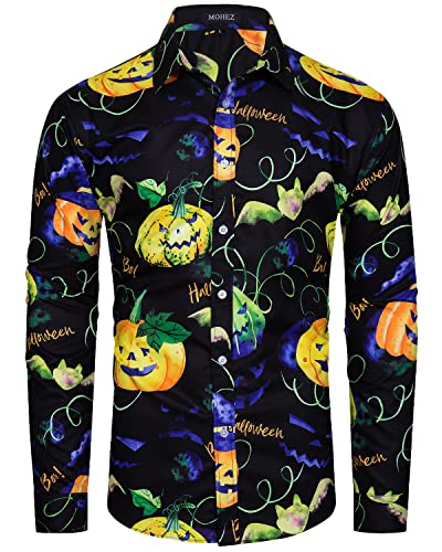 MOHEZ Herren Halloween Hemd Langarm Lustig Funky Kürbis Skull Schädel Druck Kostüm Urlaub Shirt Tops Black 2XL von MOHEZ