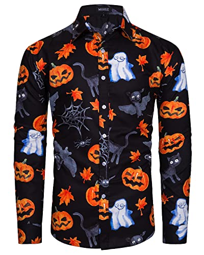MOHEZ Herren Halloween Hemd Langarm Lustig Funky Kürbis Skull Schädel Druck Kostüm Urlaub Shirt Tops Black 2XL von MOHEZ
