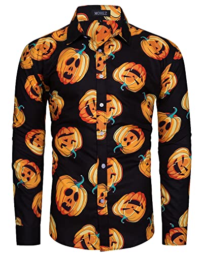 MOHEZ Herren Halloween Hemd Langarm Lustig Funky Kürbis Skull Schädel Druck Kostüm Urlaub Shirt Tops Black 2XL von MOHEZ