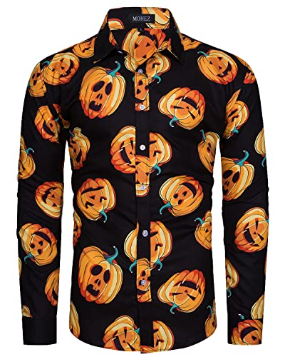 MOHEZ Herren Halloween Hemd Langarm Lustig Funky Kürbis Skull Schädel Druck Kostüm Urlaub Shirt Tops Black L von MOHEZ
