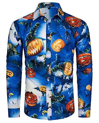 MOHEZ Herren Halloween Hemd Langarm Lustig Funky Kürbis Skull Schädel Druck Kostüm Urlaub Shirt Tops Blue XL von MOHEZ