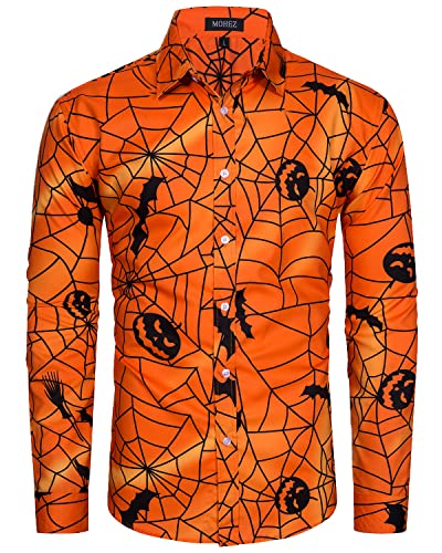 MOHEZ Herren Halloween Hemd Langarm Lustig Funky Kürbis Skull Schädel Druck Kostüm Urlaub Shirt Tops Orange 2XL von MOHEZ