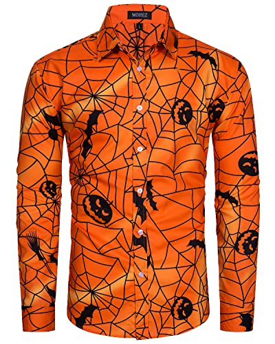 MOHEZ Herren Halloween Hemd Langarm Lustig Funky Kürbis Skull Schädel Druck Kostüm Urlaub Shirt Tops Orange M von MOHEZ