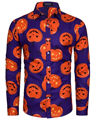 MOHEZ Herren Halloween Hemd Langarm Lustig Funky Kürbis Skull Schädel Druck Kostüm Urlaub Shirt Tops Purple L von MOHEZ