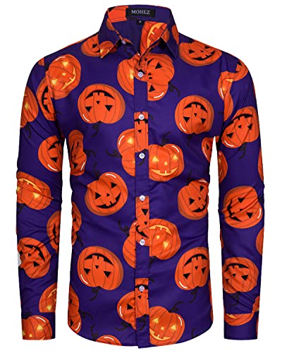 MOHEZ Herren Halloween Hemd Langarm Lustig Funky Kürbis Skull Schädel Druck Kostüm Urlaub Shirt Tops Purple S von MOHEZ