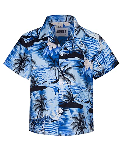 MOHEZ Jungen Kurzarm Hawaii Hemd Kinder Sommer Freizeit Funky Blumenmuster Knopfleiste Shirt für Beach Party Blau 3-4 Jahre von MOHEZ