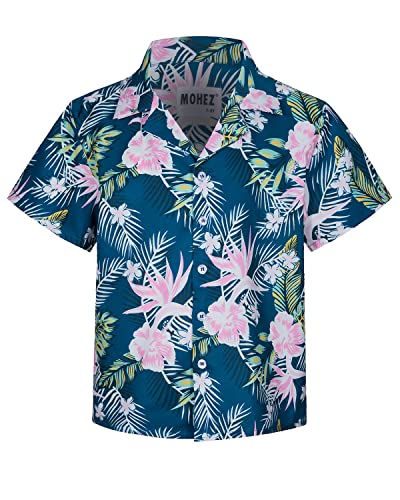 MOHEZ Jungen Kurzarm Hawaii Hemd Kinder Sommer Freizeit Funky Blumenmuster Knopfleiste Shirt für Beach Party Grün 11-12 Jahre von MOHEZ