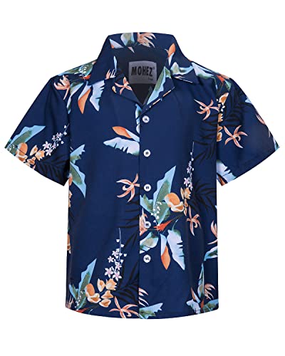 MOHEZ Jungen Kurzarm Hawaii Hemd Kinder Sommer Freizeit Funky Blumenmuster Knopfleiste Shirt für Beach Party Marine 9-10 Jahre von MOHEZ