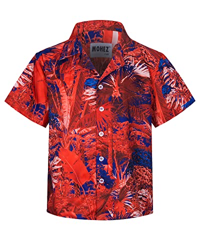 MOHEZ Jungen Kurzarm Hawaii Hemd Kinder Sommer Freizeit Funky Blumenmuster Knopfleiste Shirt für Beach Party Rot 9-10 Jahre von MOHEZ