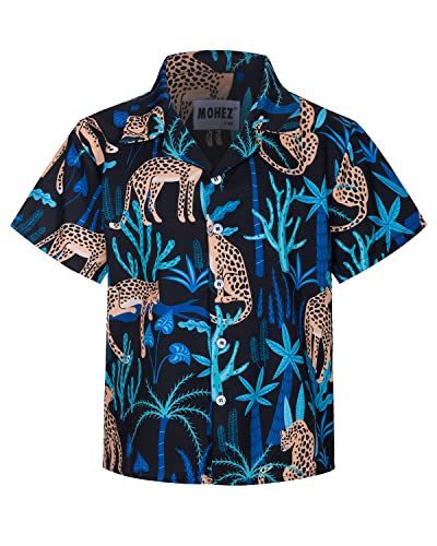 MOHEZ Jungen Kurzarm Hawaii Hemd Kinder Sommer Freizeit Funky Blumenmuster Knopfleiste Shirt für Beach Party Schwarz 13-14 Jahre von MOHEZ