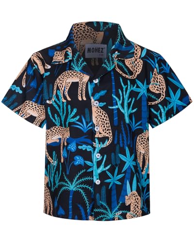MOHEZ Jungen Kurzarm Hawaii Hemd Kinder Sommer Freizeit Funky Blumenmuster Knopfleiste Shirt für Beach Party Schwarz 5-6 Jahre von MOHEZ