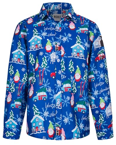 MOHEZ Jungen Weihnacht Freizeit Hemd Langarm X-Mas Christmas Hawaii-Print Shirt Für Kinder, Blau, 13-14 Jahre von MOHEZ