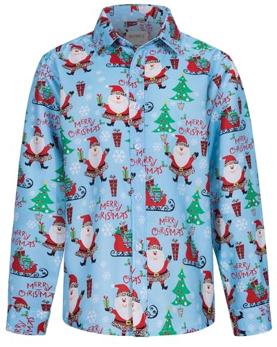 MOHEZ Jungen Weihnacht Freizeit Hemd Langarm X-Mas Christmas Hawaii-Print Shirt Für Kinder, Blau, 9-10 Jahre von MOHEZ