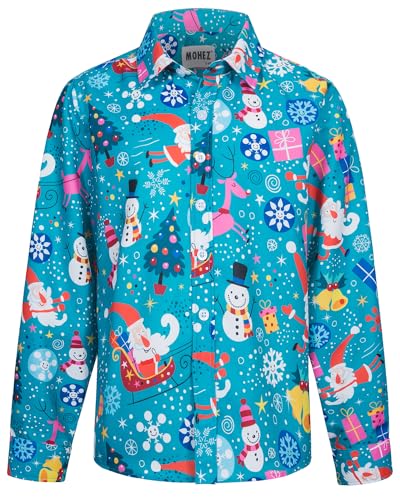 MOHEZ Jungen Weihnacht Freizeit Hemd Langarm X-Mas Christmas Hawaii-Print Shirt Für Kinder, Grüner, 13-14 Jahre von MOHEZ