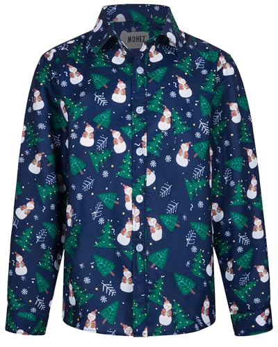 MOHEZ Jungen Weihnacht Freizeit Hemd Langarm X-Mas Christmas Hawaii-Print Shirt Für Kinder, Marine, 7-8 Jahre von MOHEZ