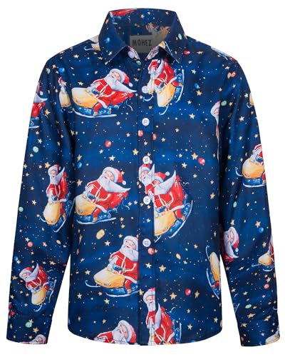 MOHEZ Jungen Weihnacht Freizeit Hemd Langarm X-Mas Christmas Hawaii-Print Shirt Für Kinder, Marine, 9-10 Jahre von MOHEZ