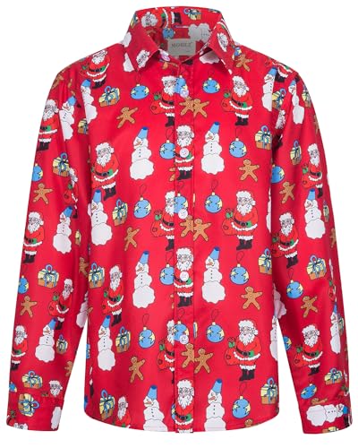 MOHEZ Jungen Weihnacht Freizeit Hemd Langarm X-Mas Christmas Hawaii-Print Shirt Für Kinder, Rot, 13-14 Jahre von MOHEZ