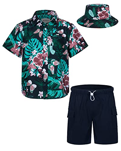 MOHEZ Kind Jungen Hawaii Hemd Short Set Kurzarm Sommer Outfits 3tlg Beach Kleidung Set, Shirt/Hose/Mütze, Schwarz 3-4 Jahre von MOHEZ