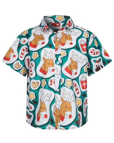 MOHEZ Kinder Kurzarm Weihnacht Hemd, Freizeit Hawaiihemd mit Santa Prints Hemden für Jungen, Grün 9-10 Jahre von MOHEZ