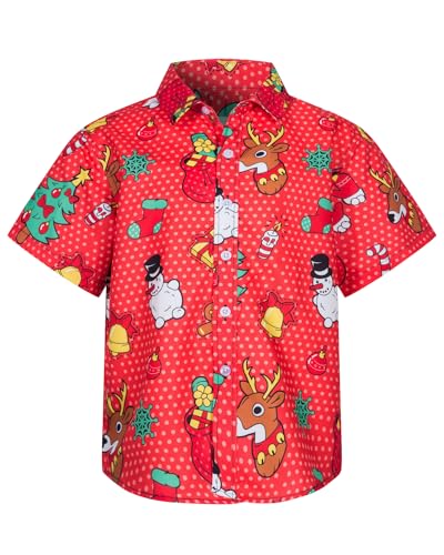 MOHEZ Kinder Kurzarm Weihnacht Hemd, Freizeit Hawaiihemd mit Santa Prints Hemden für Jungen, Orange 13-14 Jahre von MOHEZ