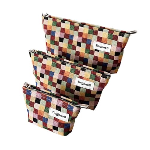 Kosmetiktasche Mehrfarbige Gitter Make-up Tasche Reise Kulturbeutel für Frauen Make-up Organizer Niedliche Make Up Reißverschlusstasche (3 Stück) von MOISTRI