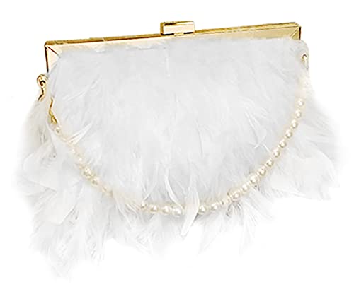 MOISTRI Frauen Feder Abend Geldbörsen und Clutches Exquisite Quaste Perle Tote Taschen für Hochzeit Bankett Party Gold Metallkette Weiß von MOISTRI