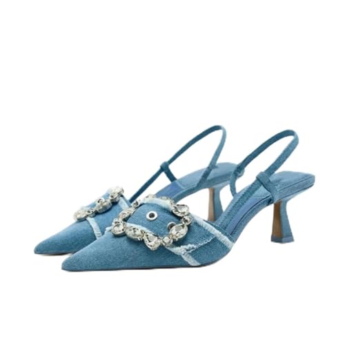 MOJARI Sexy Mode High Heels Spitze Zehen Pumps Slingback Flacher Mund Absätze Party Abend Hochzeitsschuh,Blau,37 EU, 65808016-BLUE-37EU von MOJARI