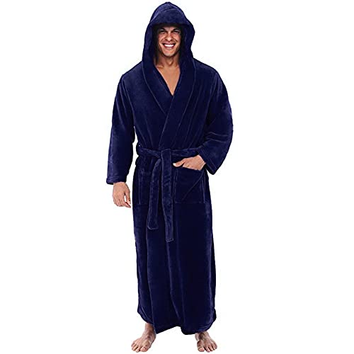 Bademantel Herren Langarm Hausmantel Herren mit Kapuze Herbst Winter Bathrobe Men Große Größen Sauna Männer Bademäntel Lang Einfarbig Weich Plus Size Long Pyjama Blau 4XL von MOKBAY