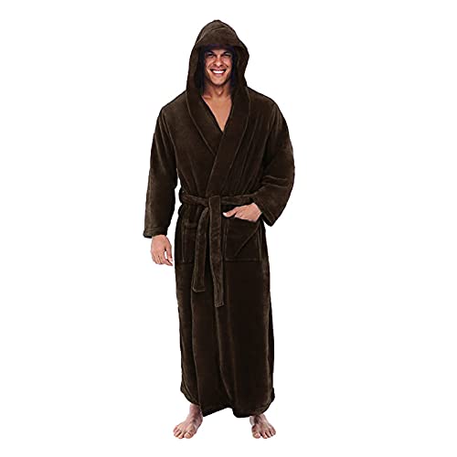 Bademantel Herren Langarm Hausmantel Herren mit Kapuze Herbst Winter Bathrobe Men Große Größen Sauna Männer Bademäntel Lang Einfarbig Weich Plus Size Long Pyjama Braun 4XL von MOKBAY