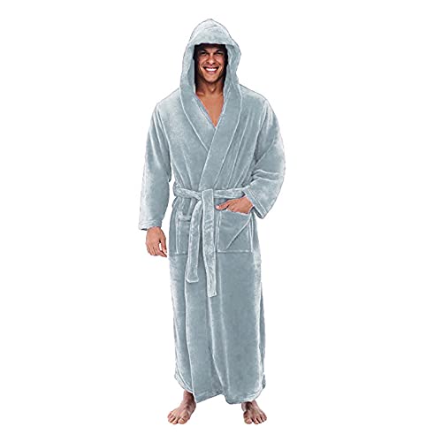 Bademantel Herren Langarm Hausmantel Herren mit Kapuze Herbst Winter Bathrobe Men Große Größen Sauna Männer Bademäntel Lang Einfarbig Weich Plus Size Long Pyjama Hellblau L von MOKBAY