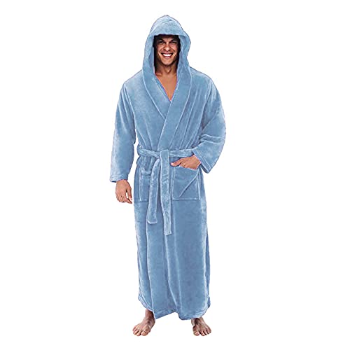 Bademantel Herren Langarm Hausmantel Herren mit Kapuze Herbst Winter Bathrobe Men Große Größen Sauna Männer Bademäntel Lang Einfarbig Weich Plus Size Long Pyjama Himmelblau 4XL von MOKBAY