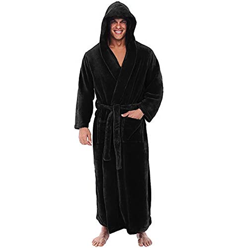 Bademantel Herren Langarm Hausmantel Herren mit Kapuze Herbst Winter Bathrobe Men Große Größen Sauna Männer Bademäntel Lang Einfarbig Weich Plus Size Long Pyjama Schwarz L von MOKBAY