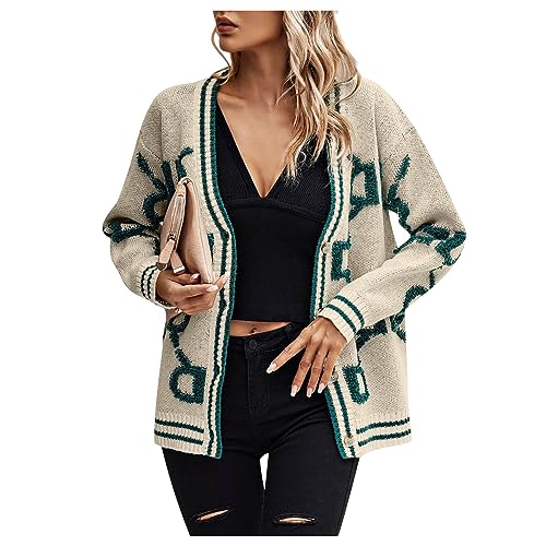 Cardigan Damen Longsleeve Gestrickte Mantel Damen Winter Fashion Langarm Freizeit Women's Streetwear Loose Sweater Damen Jacke Herbst Casual Frauen Strickjacke Grün L von MOKBAY