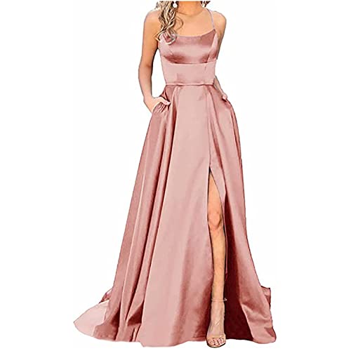 Cocktailkleid Damen Elegant FüR Hochzeit Tunika SpaghettiträGer Bandeau Kleid Jumpsuit äRmelloses Kleider Mit Schlitz Lang Kleid Damen Festkleider Abschlusskleid Business Kleider Roségold L 3222 von MOKBAY