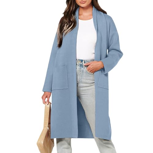 Damen Fleecejacke Warm Langarm Cardigan Damen Herbst Winter Regular Trenchcoat Damen Elegant Lang Wollmantel Für Frauen Vanilla Girl Aesthetic Einfarbig Damen-Mäntel Blau M von MOKBAY