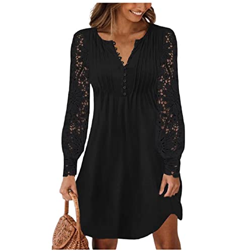 Damen Kleid Spitzenkleid V Ausschnitt Knöpfen Langarm Floral Spitze A Linie Freizeitkleider Elegant Party Mini Dress Einfarbige Modisch Erhältlich in Übergröße Schwarz L von MOKBAY
