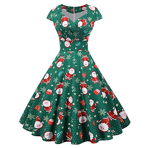 Damen Weihnachtskleid Kurzarm Christmas Drucken Partykleid Damen Mode Freizeit Lovely Mädchen Weihnachtskleid Elegant Ballkleid Kurz für Frauen Vintage Fashion Women Dress Grün L von MOKBAY