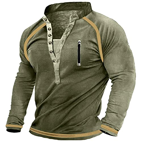 Herren Poloshirt Langarm V-Ausschnitt Henley Vintage Lässige Basic Sport Slim Fit Leinenhemd Tshirt Men's Luftige Große Größen Freizeithemden Vintage Clothes Poloshirt Armee Grün XXL Z1450 von MOKBAY