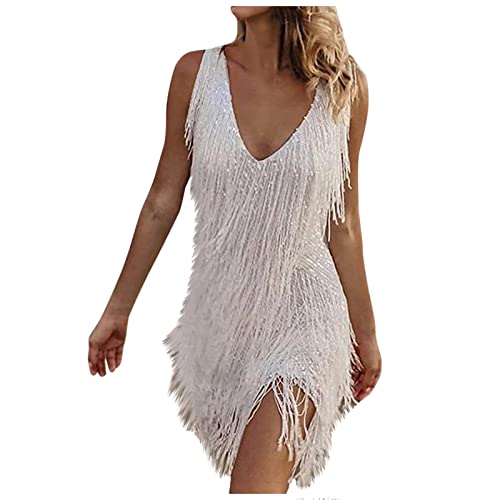 MOKBAY Abendkleid Kurz Elegant Glitzer SpaghettiträGer Festliches V Ausschnitt äRmelloses Jumpsuit Mini Kleid Damen Luftig Schlankmacher Sexy Abend Hochzeitsgast Party Clothes Weiss XL von MOKBAY