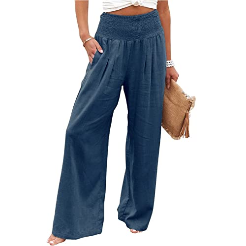 MOKBAY Arbeitshose Damen Sommer Leicht Leinenhose High Waist Leichte Sommerhose Weite Elegant Strandhose Palazzo Culottes Freizeithose Kleidung Outfits Blau 3XL von MOKBAY