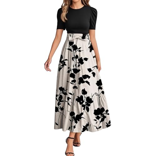 MOKBAY Boho Kleid Lang Sommer Sommerkleid Große Kleider für Hochzeitsgäste Lang Damen Sommer Grün Print Damenkleider Maxi Weißes Kleid XL von MOKBAY