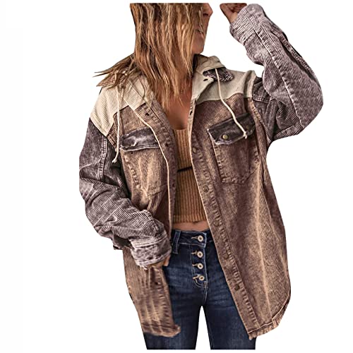 MOKBAY Cordjacke Damen Langarm Herbstmantel mit Kapuze Winter Freizeit Cordhemd Damen Patchwork Oversize Druckknöpfe Blouson Jacke Damen Casual Sportlich Frauenkleidung Khaki M von MOKBAY